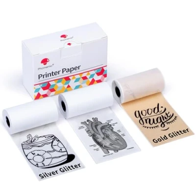 Afbeelding van Phomemo M02/M02Pro/M02S/M03/M03AS/M04S/M04AS printerpapier, gemengde set van witte/zilveren glitter/gouden glitter, bedrukbaar stickerpapier, zelfklevend direct labelpapier, 3 rollen
