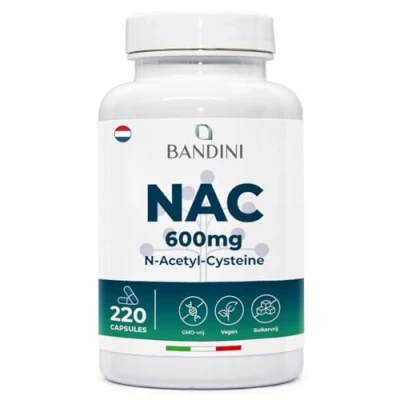 Afbeelding van Bandini® NAC N Acetylcysteïne 220 Capsules 600mg (+7 Maanden) Glutathion Precursor 1 Capsule per Dag Hoge Dosering 600 Supplement mg