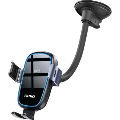 Afbeelding van AMiO Suction Mount Telefoonhouder met 15W Draadloze Oplader Verstelbare Arm en Herbruikbare Zuignap Zwart