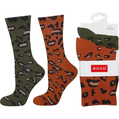 Afbeelding van SOXO Dames Luipaardprint Sokken Set Groen &amp; Bruin/Oranje Maat 35 40 (2 Paar)