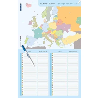 Afbeelding van Ich kenne Europa Länder und Hauptstädte Lerntafel mit Stift: Für die 2. bis 5. Klasse Stabile, wiederbeschreibbare Lernvorlage im großen Format, trocken abwischbar ohne zu schmieren