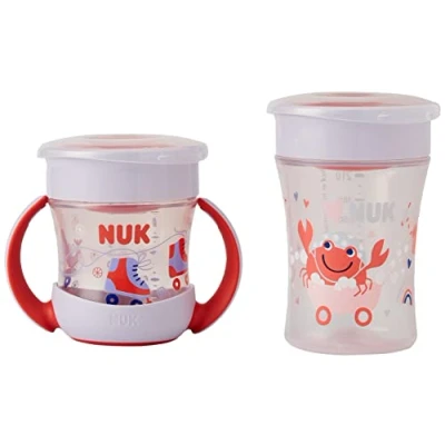 Afbeelding van NUK Magic Cup &amp; Mini drinkbekers, duoset lekvrije 360 drinkrand vanaf 6 maanden en 8 lekvrij BPA vrij 160ml 230ml rood