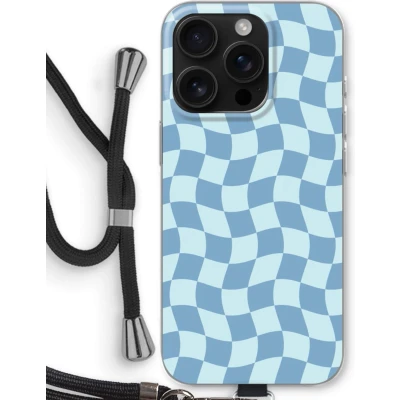 Afbeelding van Case Company® hoesje met Koord geschikt voor iPhone 16 Pro Grid Blauw Telefoonhoesje Zwart Bescherming aan alle Kanten en Over de Schermrand