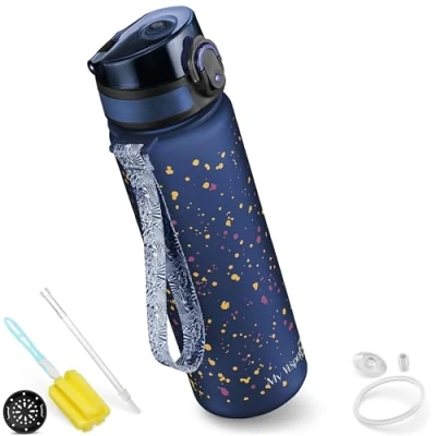 Afbeelding van My Vesperbox Minny Drinkfles voor kinderen, lekvrij, met rietje of zeef, 500 ml, BPA vrij, kleuterschool, school, blauw, vlekken, ml