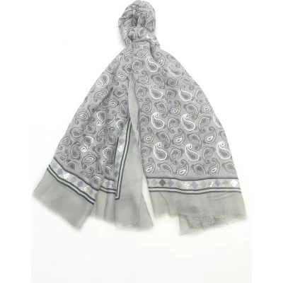 Afbeelding van Lange dames sjaal Ginevra paisleymotief grijs zwart wit zilver paars