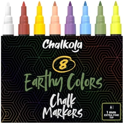 Afbeelding van Extra Fine Tip Chalkboard Chalk Pens 1mm Nib Pack of 8 Classic Earth Colors Non Toxic Wet Erase Liquid Ink Markers