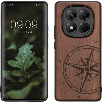 Afbeelding van kwmobile telefoonhoesje geschikt voorXiaomi Redmi Note 14 Pro 4G Hoesje met bumper walnoothout In donkerbruin Vintage Kompas design