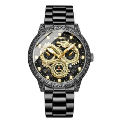 Afbeelding van JewelryWe Horloges heren roestvrij stalen draak: datum kalender 30 m waterdicht analoog kwarts polshorloge mannen zwart armband horloge met reliëf gouden draak wijzerplaat en