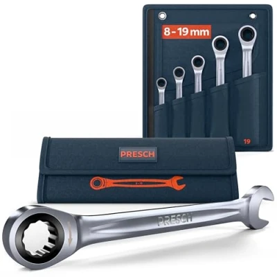Afbeelding van Presch Ratelsleutelset 5 delig (8, 10, 13, 17, 19mm) incl. tas Minimale terughaalhoek (4, 90 tanden) Nauwkeurig gefreesde, duurzame ringsleutels Steeksleutelset