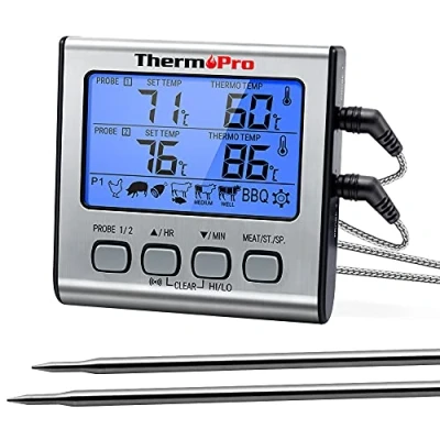 Afbeelding van ThermoPro TP17 Digitale grillthermometer, braadthermometer, vleesthermometer, oventhermometer met timer, twee roestvrijstalen sondes, blauwe achterverlichting, temperatuurbereik tot 300 C