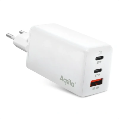 Afbeelding van Aqiila USB oplader, 67W, C Adapter, Snellader GaN, PD Power Delivery, 2x C, 1x A, 100 240V, Chargebird W3 Wit
