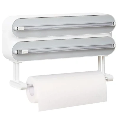Afbeelding van Quasziwa Wandrolhouder voor keuken, 3 voudige foliesnijder, magnetische aluminiumfolie dispenser met duurzame scherpe messen, verbeterde foliedispenser, vershoudfoliesnijder keukenrolhouder, wit