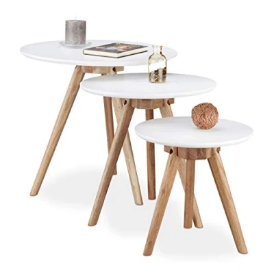 Afbeelding van Relaxdays bijzettafeltjes walnoot hout, set van 3 tafeltjes, 50, 40 en 32 cm, Scandinavisch design, wit/natuur