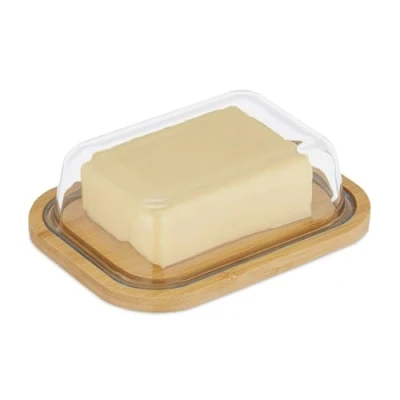 Afbeelding van Relaxdays botervlootje met deksel bamboe &amp; glas roomboter bakje 250 g boterstolp