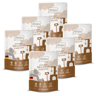 Afbeelding van MjAMjAM Premium natvoer voor katten Quetschie DUO van lekker rund &amp; goede kalkoen (hen) met gestoomde pompoen, pak 6 (6 x 300g), graanvrij extra vlees