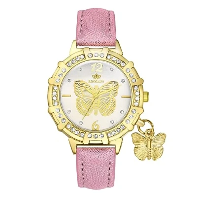 Afbeelding van JewelryWe Bohemian Butterfly dameshorloge, rond horloge met diamanten, lederen band, analoog kwartshorloge vlinderhanger, Roze, Strepen