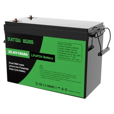 Afbeelding van DATOUBOSS 24V 100Ah Lithiumbatterij, LiFePO4 Lithium accu, Ingebouwde 100A BMS, 4000 15.000 Deep Cycli, 2560Wh, Ondersteunt Serie /Parallelle Verbinding, voor Camper, Zonnestelsel, Camping