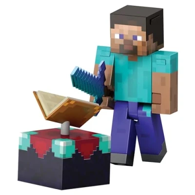 Afbeelding van Mattel Minecraft Diamond Niveau Steve, actiefiguur met 3 accessoires, verzamelaarsschaal 14 cm, pixelontwerp, HXM84