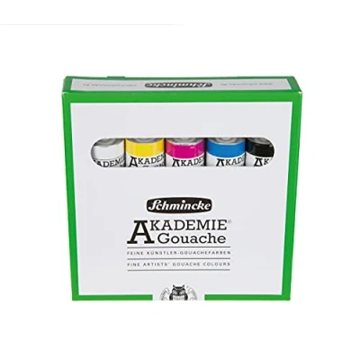 Afbeelding van Schmincke AKADEMIE Plakkaatverf, 5 x 20 ml tubes, 72 205 097, basiskleuren in een kartonnen set, dekkend, mat en sterke kleurnuances, hoge lichtechtheid, mengen, kleurenleer