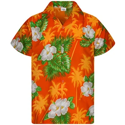 Afbeelding van King Kameha Funky Hawaïhemd voor heren, korte mouwen, voorzak, Hawaii print, Kleine bloemenprint, bloem oranje, XXL