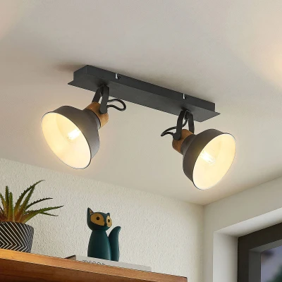 Afbeelding van Lindby plafondlamp 2lichts staal, pijnboomhout H: 20 cm E14 zandzwart, donker hout, wit