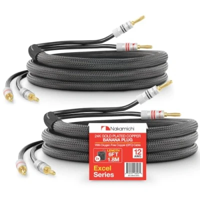Afbeelding van Nakamichi Excel serie 24K vergulde bananenstekker 99,9% zuurstofvrij koper (OFC) zwaar gevlochten voor luidsprekerkabel versterker, in de muur CL2 beoordeeld Zwart (12AWG / 6ft 1,8 m) 2 Pack
