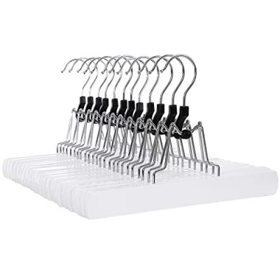 Afbeelding van Songmics CRW07W 12 Broekspanner, stuks, kledinghanger van hout, antislip, verchroomde haken, 360 graden draaibaar, wit