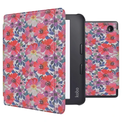 Afbeelding van Kobo Libra 2 Hoes: iMoshion Design Slim Hard Case Sleepcover Bookcase met stand Flower Watercolor Kunstleder E Reader Hoezen