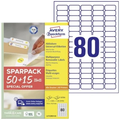 Afbeelding van Avery Zweckform L4732REV 65 Universele etiketten 35.6 x 16.9 mm Papier Wit vellen Weer verwijderbaar Inkjet, Laser (zwart/wit), (kleur), Kopiëren