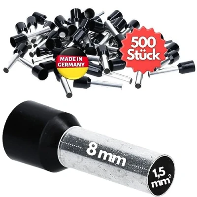 Afbeelding van Kalitec AE1508SW adereindhulzen, geïsoleerd, 1,5 mm², zwart, 8 mm lang, Made in Germany, industriële kwaliteit, 500 stuks
