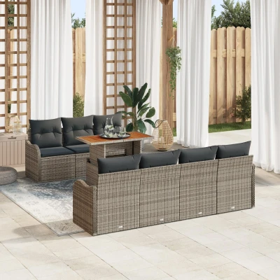 Afbeelding van vidaXL 8 delig tuinbankstel met kussens grijs poly rattan acacia, 2 zits tuinbank