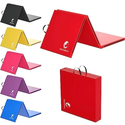 Afbeelding van MAXSTRENGTH Gymnastiek 6ft Tri Opvouwbare Oefenmatten Lang Met Hoge Dichtheid 5 cm Dik Schuim Zacht Antislip Oppervlak Draaggrepen Voor Gym Crash Tumble Track Yoga Pilates Vloer Workout Apparatuur