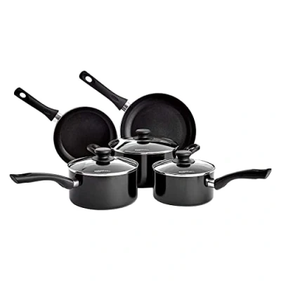 Afbeelding van Amazon Basics Pannenset 5 stuks, anti aanbak, inductie, met steelpan, koekenpan en braadpan, deksels, zwart