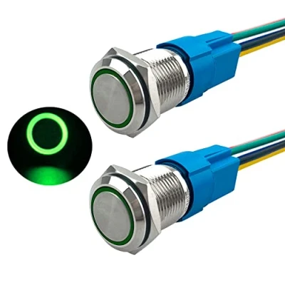 Afbeelding van Aiqeer Momentan drukschakelaar, 2 stuks, 16 mm, 12 V/24 V, 5 A, auto ontsteking, startschakelaar, IP67 waterdichte roestvrijstalen met voorbedraad stopcontact (groene led)