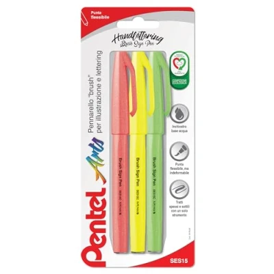 Afbeelding van Pentel SES15C Brush Sign Pen Fluo viltstift flexibele vezelstift ideaal voor markeren, letteren, kalligrafie, illustratie fluorescerende kleuren, 3 stuks