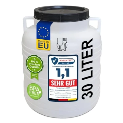 Afbeelding van plasteo® 30 liter brede hals met deksel en handvat, rond, natuurlijk, geschikt voor levensmiddelen BPA vrij, kunststof vat, universeel dekselvat, watervat, regenton, opslagvat, natuur