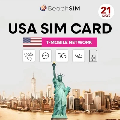 Afbeelding van BeachSIM USA Travel SIM Card 21 days. Onbeperkt data, bellen &amp; sms&#039;en. Hotspot tot 10 apparaten. T Mobile Netwerk. Compatibel met IOS en Android