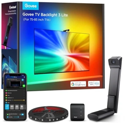Afbeelding van Govee RGBICW Wifi, 5 m, met camera, led tv achtergrondverlichting 3 Lite fish eye functie, 4 kleuren in 1 lamp, spraakbesturing en app bediening, ledstrip, geschikt voor tv&#039;s van 190 cm tot 214