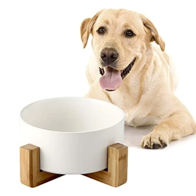 Afbeelding van SPUNKYJUNKY Hondenbak, keramiek, voerbak met bamboestandaard voor katten en honden (850 ml, wit enkel)