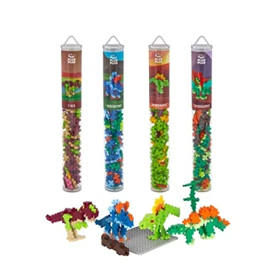Afbeelding van Plus 7266 geniaal bouwspeelgoed, dinosaurus mix, bundel van 4 verschillende creatieve bouwstenen tubes incl. bouwplaat, 400 delen