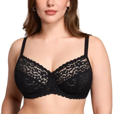 Afbeelding van DOBREVA Vrouwen ongevoerd Kant Minimizer BH Plus Size Onderdraad Volledige dekking, Zwart, 80D