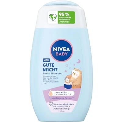 Afbeelding van NIVEA Baby Good Night Bad &amp; Shampoo, milde babyshampoo douchegel met amandelolie, vitamine E, B5 en C, rustgevende hypoallergene formule huidvriendelijke pH waarde (200 ml)