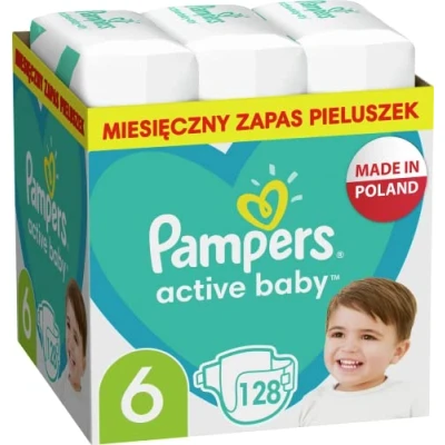 Afbeelding van Pampers luiers maat 6 (13 18 kg), actieve babyluiers, 128 stuks, maandelijkse verpakking, volledige dag lekbescherming