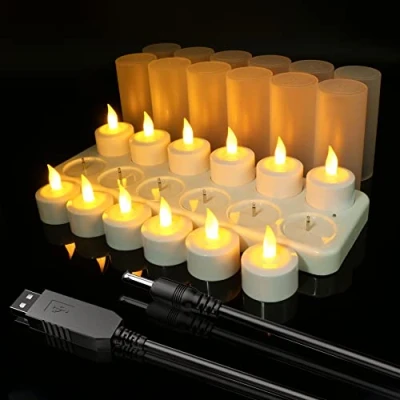 Afbeelding van Ymenow USB oplaadbare theelichten, 12 stuks, ledkaarsen, vlamloos, batterijkaarsen met oplaadstation, kabel en kaarsenglazen voor thuis, bruiloft, Halloween, Thanksgiving, Kerstdecoraties