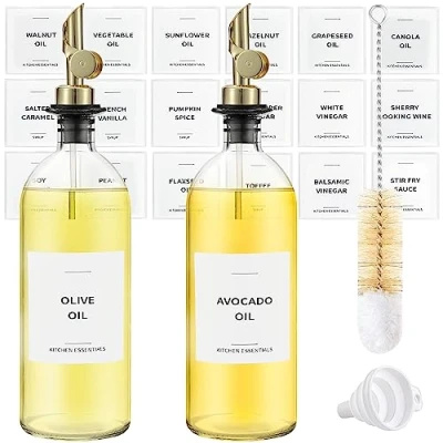 Afbeelding van Spaceneat Olijfoliedispenserfles voor keuken, koffiestroopdispenser elegante olijfolieflessen keuken glazen bakoliedispenser, container, cruet met schenktuit set van 2 stuks, goud