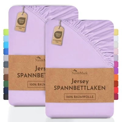 Afbeelding van NatureMark Set van 2 jersey hoeslakens, 100% katoen, verschillende formaten en kleuren, merkkwaliteit, Oeko Tex Standard 100, 120 x 200 cm, lila/lavendel