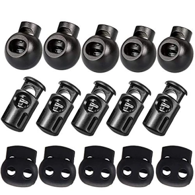 Afbeelding van 45 stuks koordstoppers, koordklemmen, zwart rubber, schoenstoppers, koordklem voor touwen, eindveer, trekkoordstopper, slider, 30 koordstoppers 8 mm, 1 gat, 15 5 2 gaten