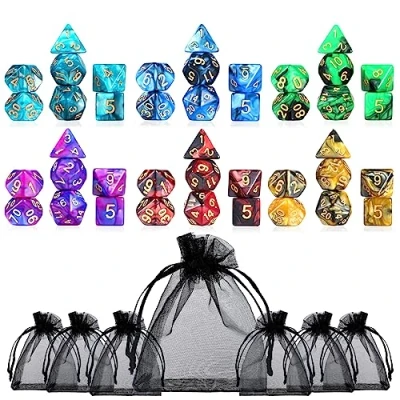 Afbeelding van Moncolis polyedrische dobbelstenen, 6 x 7 stuks (42 stuks), met zakjes, tweekleurig, speeldobbelstenen voor Dungeons en Dragons DND, RPG, MTG, W20, W12, W10, W8, W6, W4, tafelkaartspellen