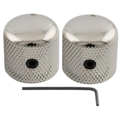 Afbeelding van Musiclily Pro 1/4&quot; Stalen Universele Fijn Knurled Push on Knop Dome Knobs met Set Screw en Indicator Punt voor Elektrische Gitaar of Basgitaar,Nikkel (Set van 2)