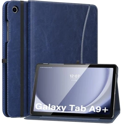 Afbeelding van MoKo Case for Samsung Galaxy Tab A9 Plus 11&quot; 2023 (SM X210/SM X216/SM X218), PU Leather Multi Angle Viewing Folding Stand Cover with Hand Strap, Front Pocket, Auto Wake/Sleep, Navy Blue